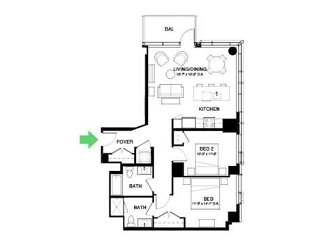 Floor plan for 2 beds, 2 baths, 1079 sqft